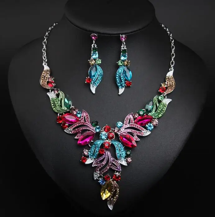 Europe And The United States Colorful Flower Jewel Banquet Bridal Accessories Fancy Beautiful Jewelry New Model Necklace Set