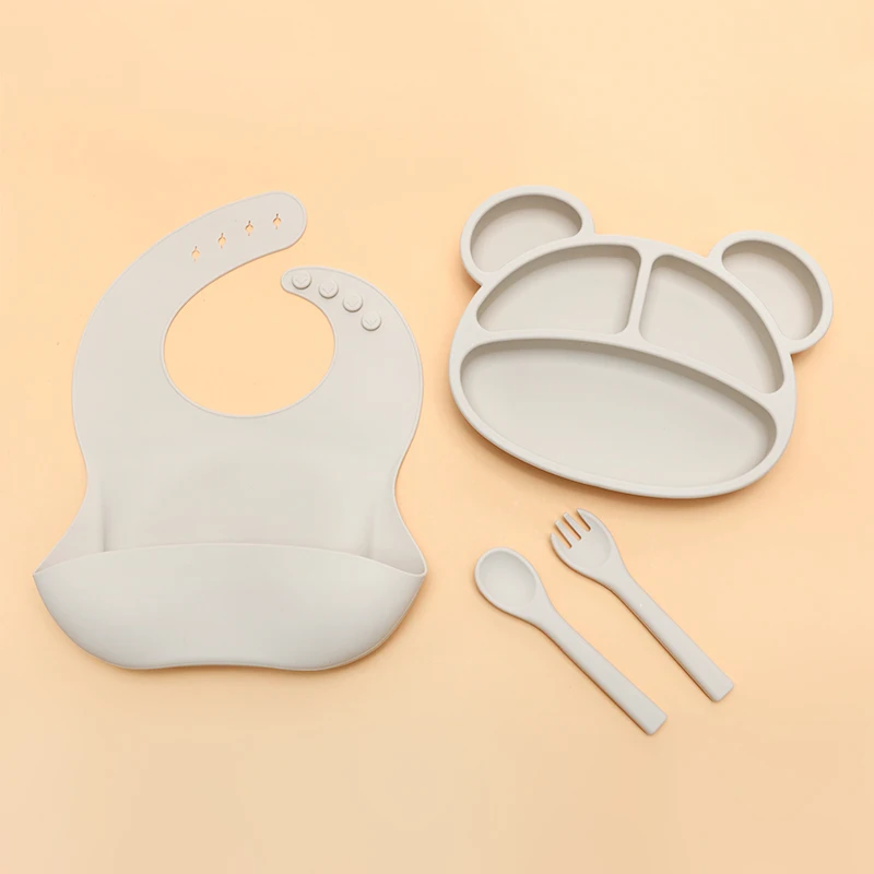 animal silicone baby feeding set bear divided suction plate and spoon gift set baby weaning feeding baby silicone set feeding