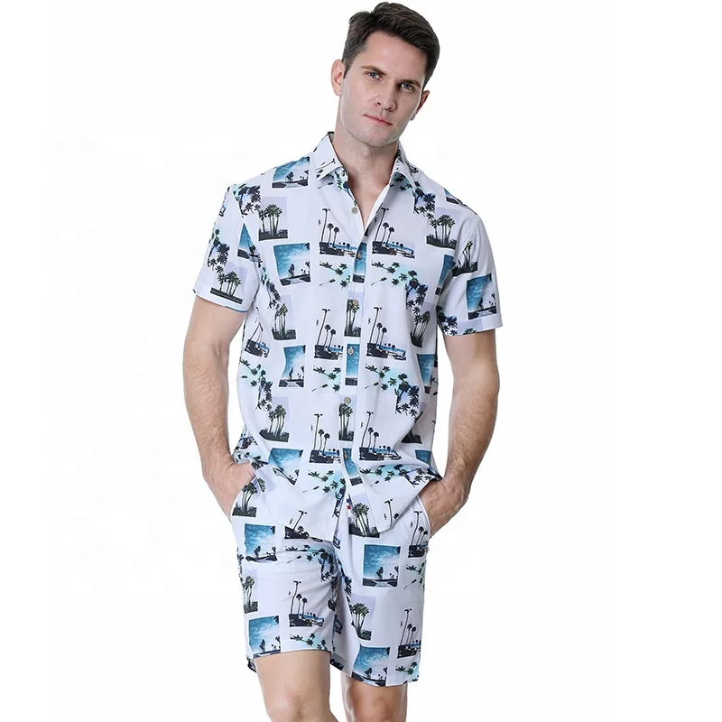 New Design polyester Hawaiian Shirt Matching Short Set Digital Printing Summer hawaiian shirts wholesale mens shirt set