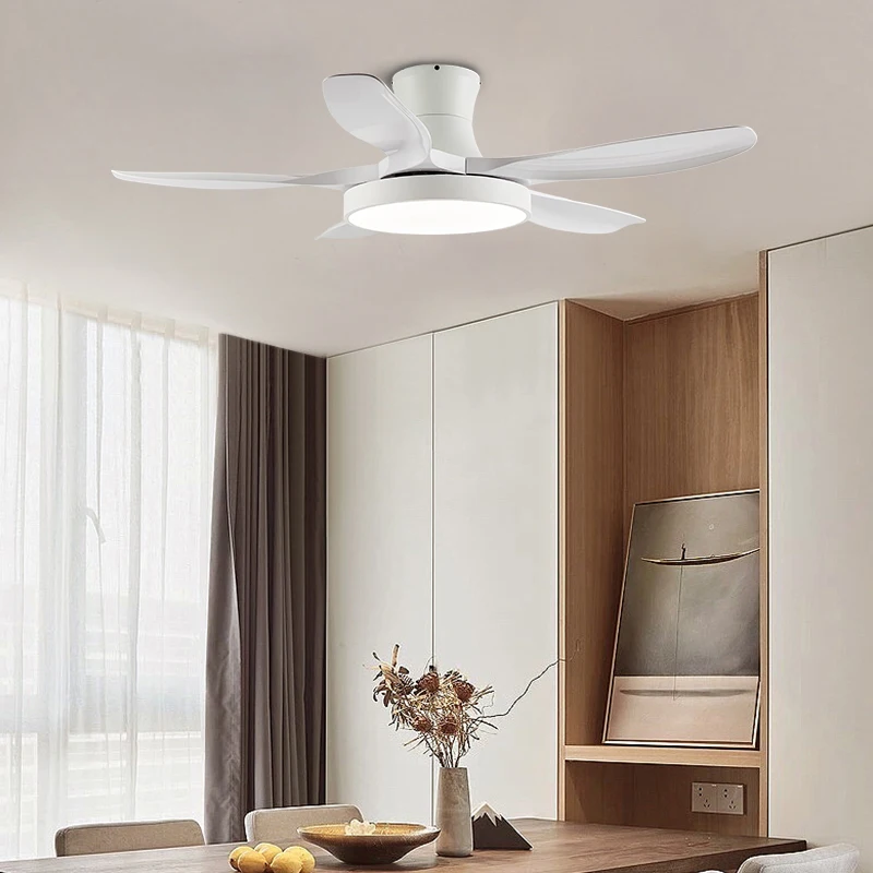 Wooden Blades Modern Ceiling Fan Light 3 Colors LED Dimming Lamp Remote Control 52 Inch 5 Gua Home Office DC Copper Motor 100