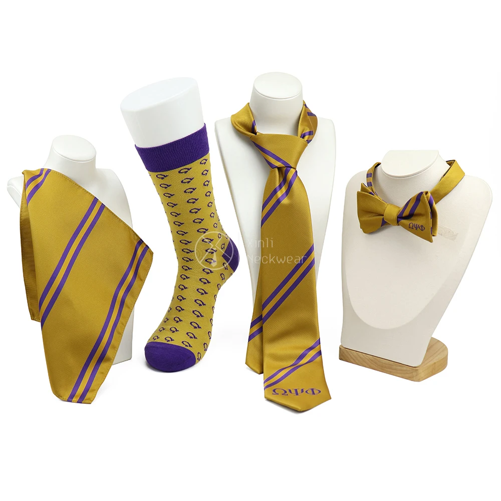 Featured OPP Fraternity Men Custom Greek Logo Necktie Socks Set Gold Polyester Striped Cotton Sock and Tie Sets