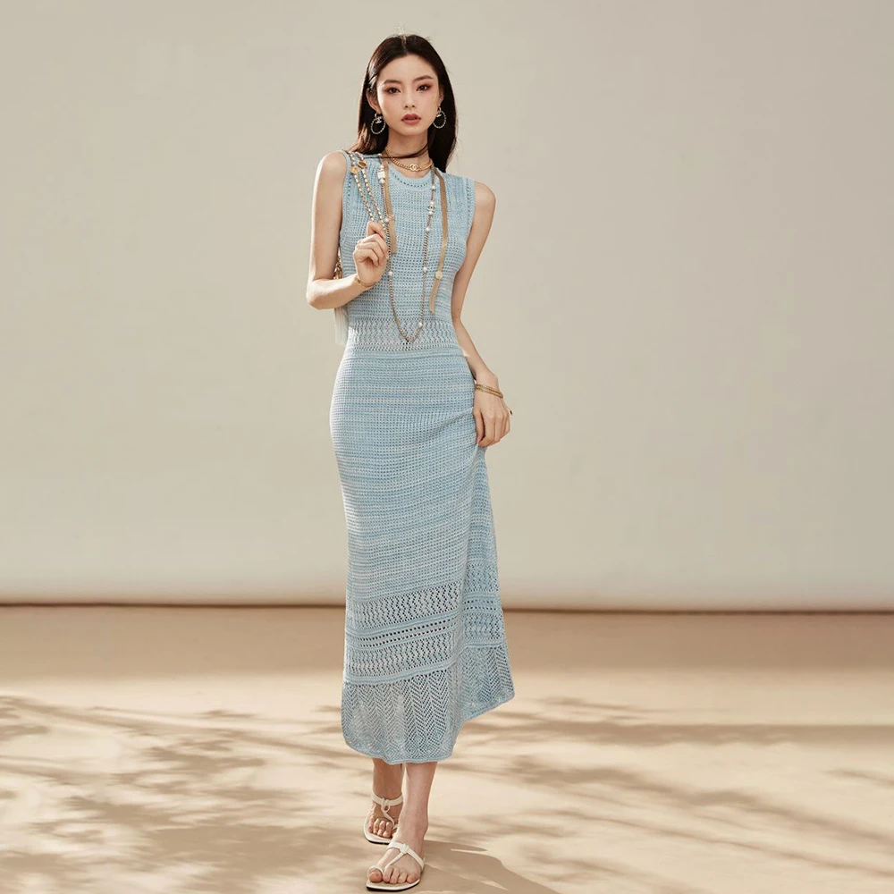 Summer new crochet sleeveless vest thin slim long skirt hollow knit dress women