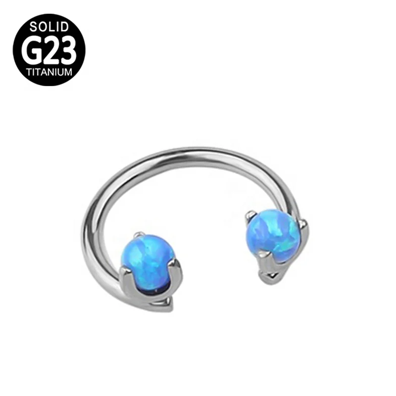 Titanium piercing jewelry internally threaded CBR horseshoe circular barbell with prong set opal stone top