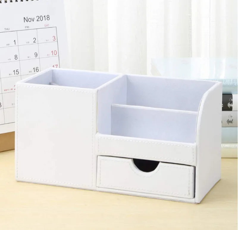 4 Storage Compartments PU Leather Desk Organizer Desktop Stationery Pen Storage Box Collection Desk Tidy Office Desk Organizer