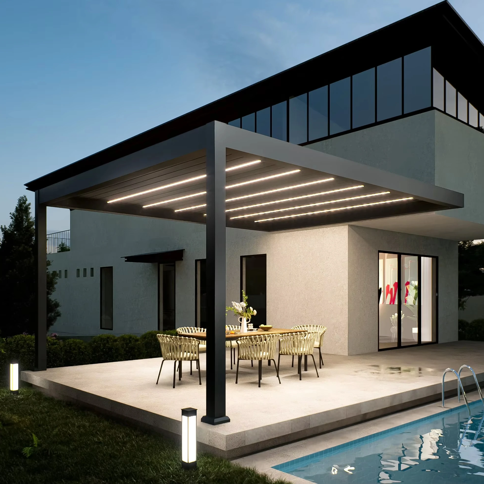 Chinese Style Sunroof Waterproof Comfortable Motorized Aluminium Louvered Pergola Garden Bioclimatic Aluminum Pergola