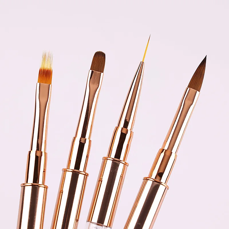 High Quality 3D Nail Art Brush Set with Rose Gold Rhinestone Handle Cusotom Kolinsky Hair Liner Metal Handle Pen Brush