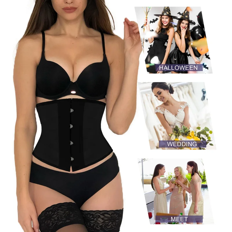 Women 8 Steel Boned Jet Ribbon Corsets Short Torso Underbust Waist Training Hourglass Tummy Control Body Shaper