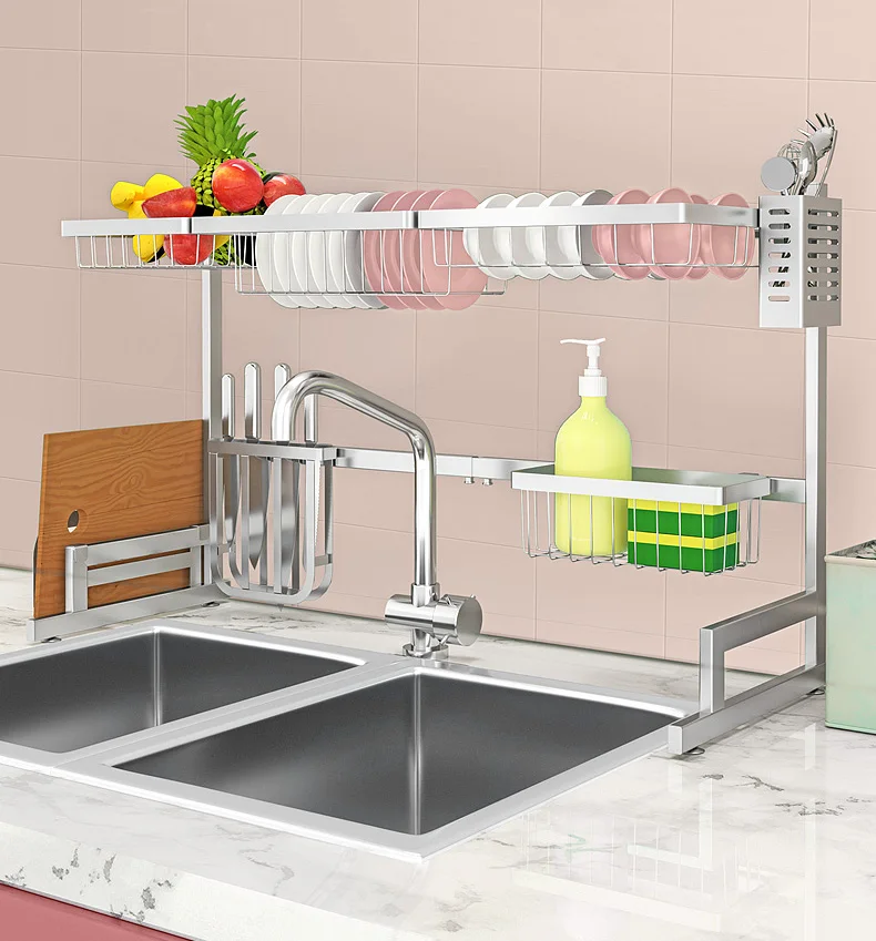 Stainless steel double sink bowl rack multi-function and large capacity for kitchen use