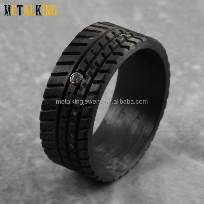 10mm Truck Tire Pattern and A Cubic Zirconia Inlay Black Carbon Fiber Wedding Band Ring for Men