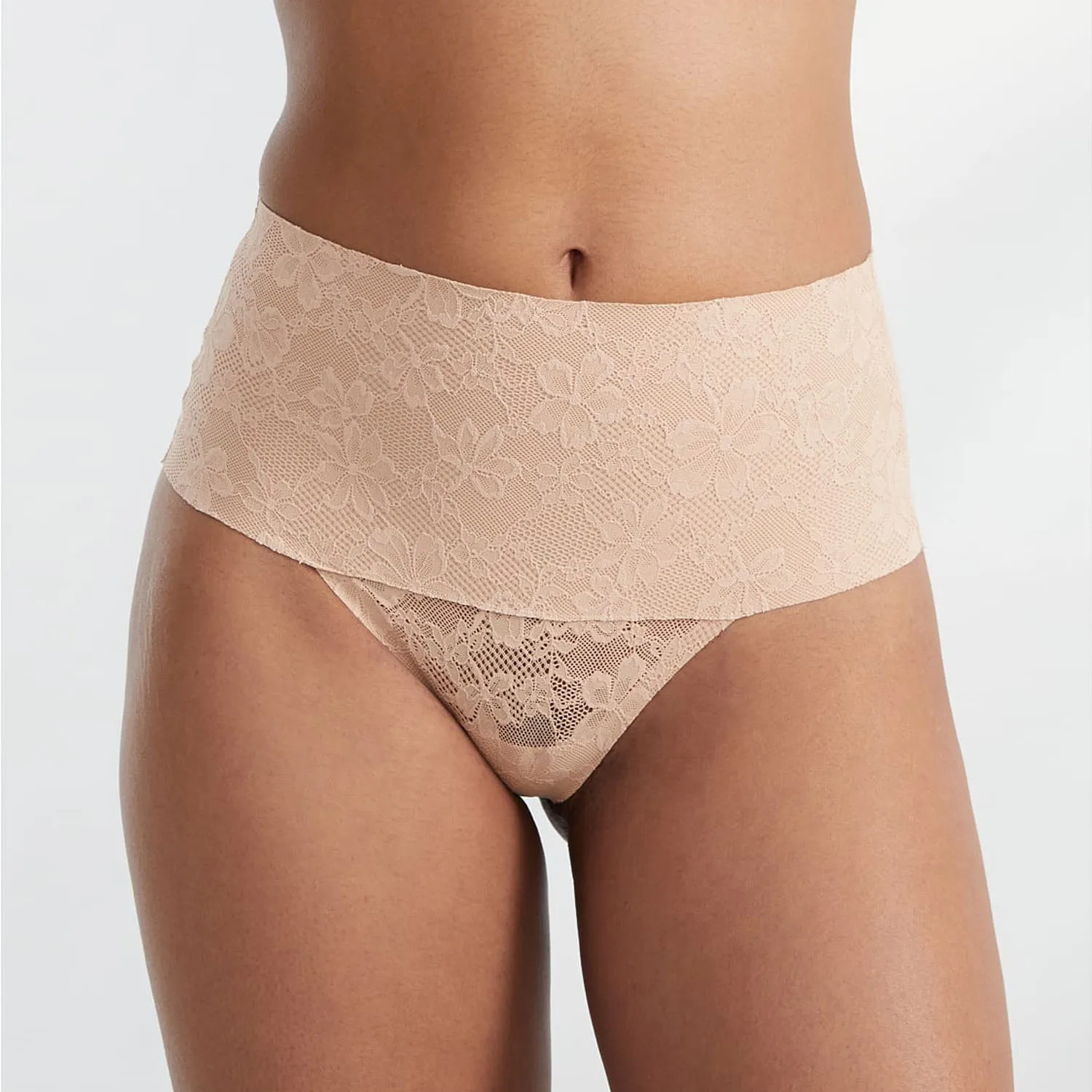 High-rise shaping waistband with patterned lace Thong Raw cut edges on waistband and leg openings Bra and Panty Set