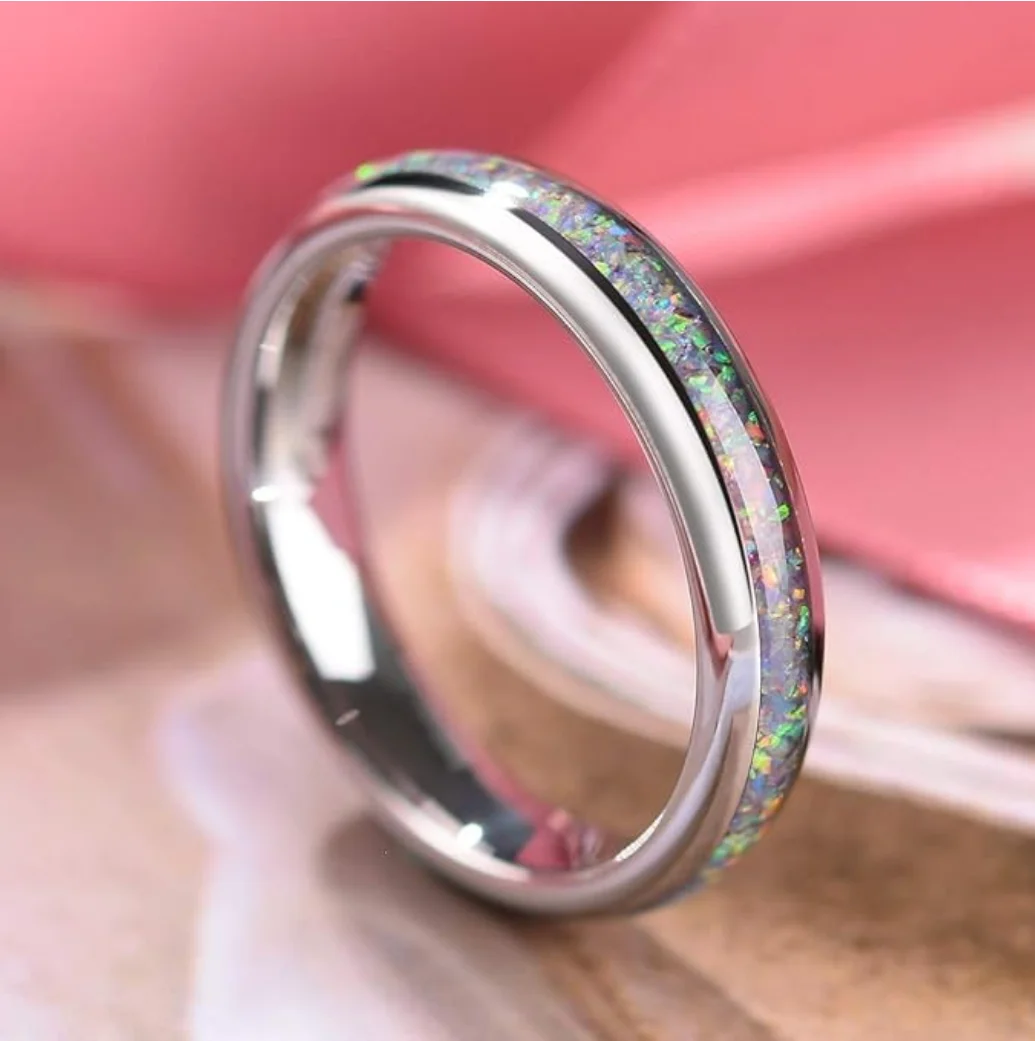 4mm White Created-opal Rings for Women Tungsten Engagement Wedding Gifts Bands High Polished 4mm Tungsten Ring With Opal