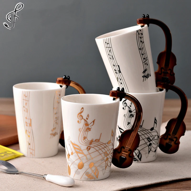 
Fancy Mugs for Novelty Gifts Music Violin Style Guitar Ceramic Mug, Coffee Tea Milk Stave Cups 