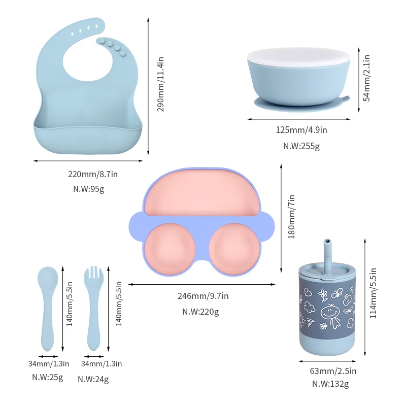 Eco-friendly Silicone New Born Baby Feeding Nursing BPA Free Dinnerware Car Plates Bib Set Kids Dining Babi Spoon And Fork Set