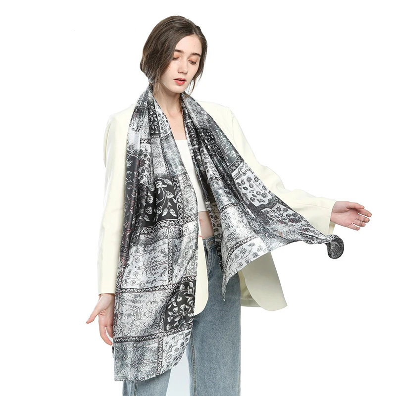 Hot Selling Latest Dubai Magic Long Scarf Multi Floral Printing Satin Silk Shawl High Quality Pashmina Scarf Shawl