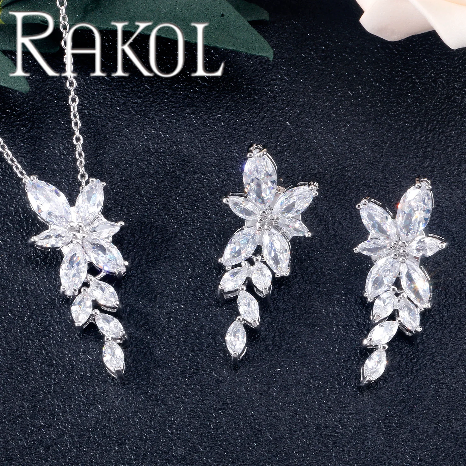 RAKOL EP167 Women Luxury Leaf Shape Wedding Bridal Cubic Zirconia Copper Dangle Earrings
