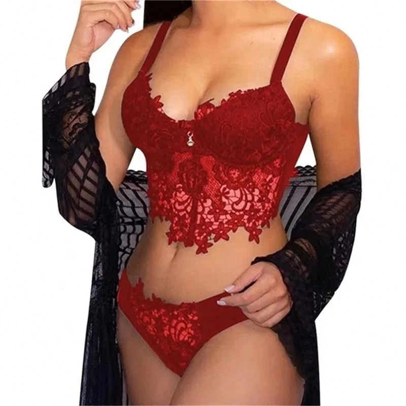 Wholesale High Quality Lace Bralette Black Embroidered Two Piece Lingerie Bra And Panties Set For Women
