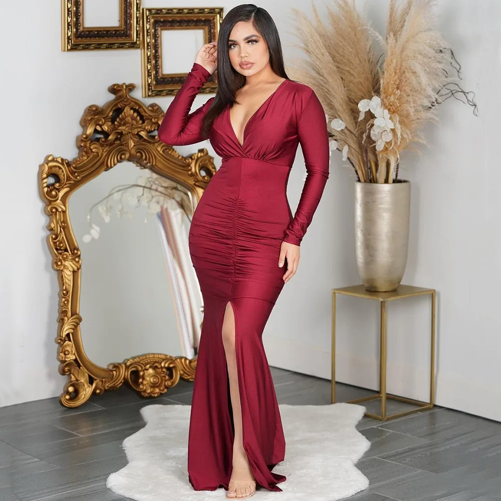 Latest fashion clothing wholesale deep v neck formal long sleeve party slit evening elegant dress