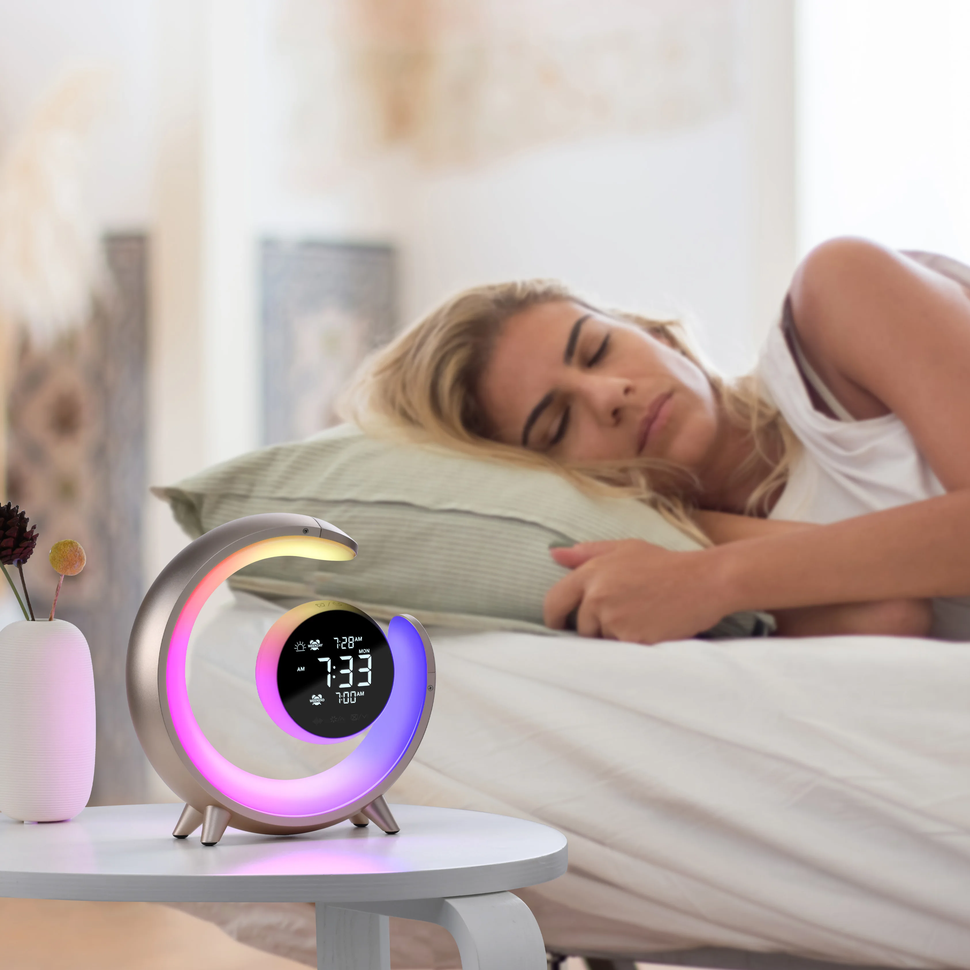 New arrival bedside lamp RGB atmosphere lamp white noise machine with clock multifunction night light