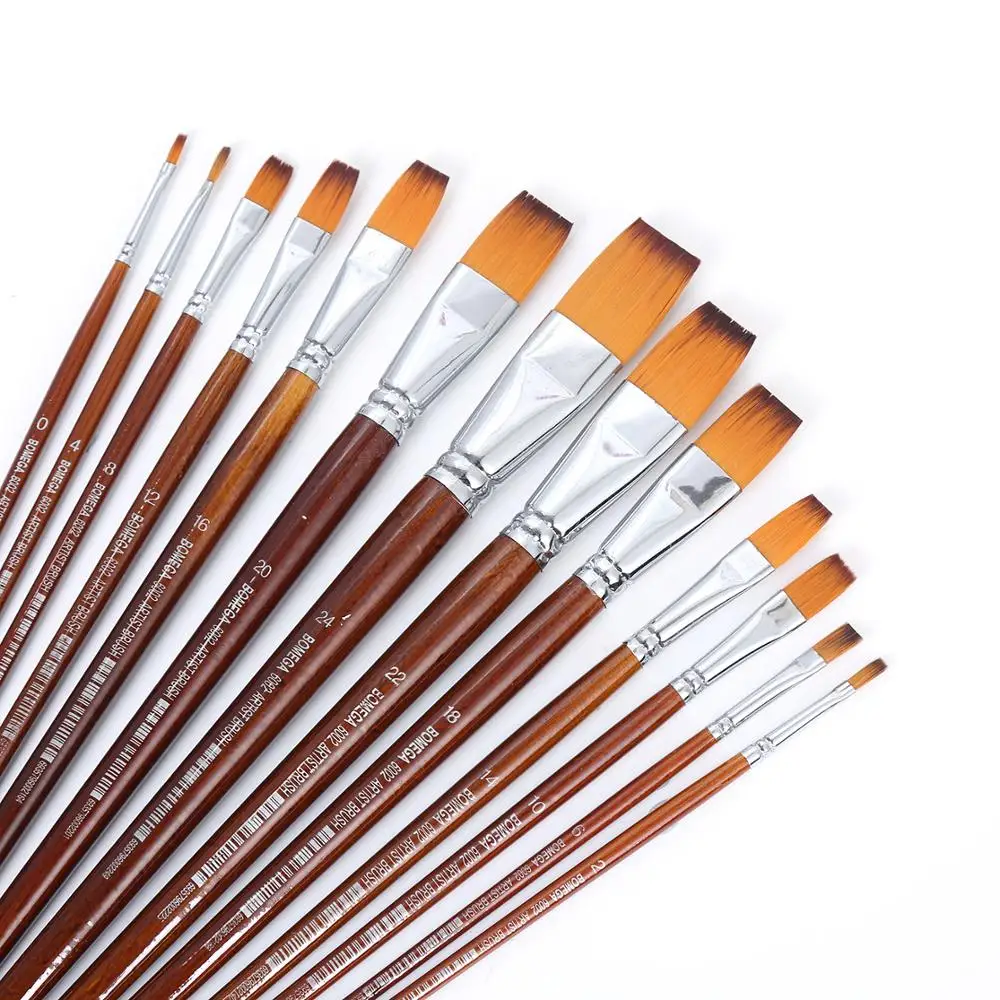 Wholesale Nylon Hair Wood Handle Painting Brush Round Flat Tip Artist Paint Brushes