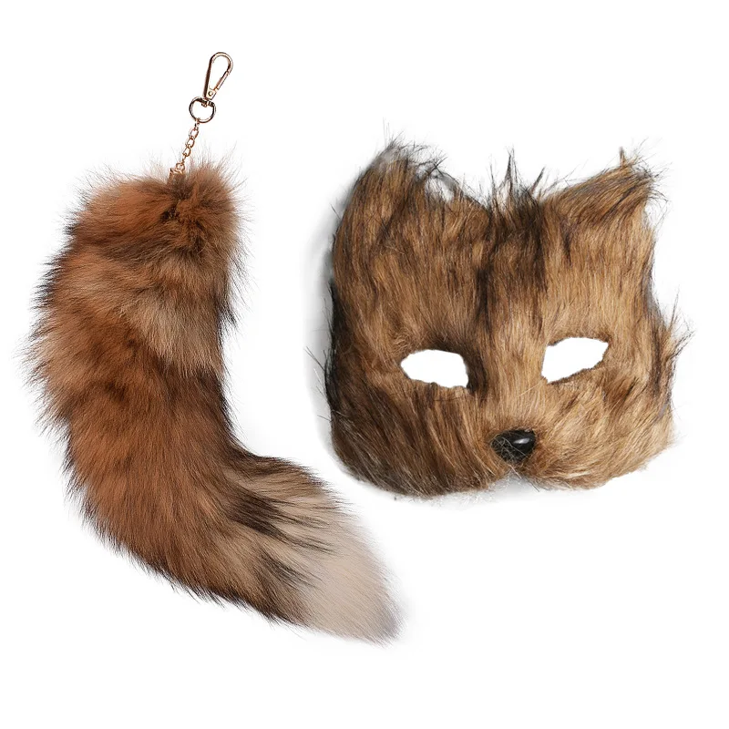 2PECS Fluffy real Fur Fox Tail Keychain hooks Faux Fur Wolf Therian Mask Set for Halloween Party Cosplay Costume Accessories