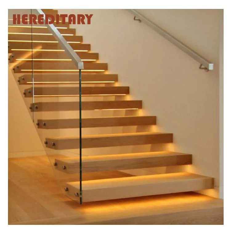 Led Light Staircase Glass Railing  Wooden Stair Steps With Floating Staircase Modern Interior Wood Stairs