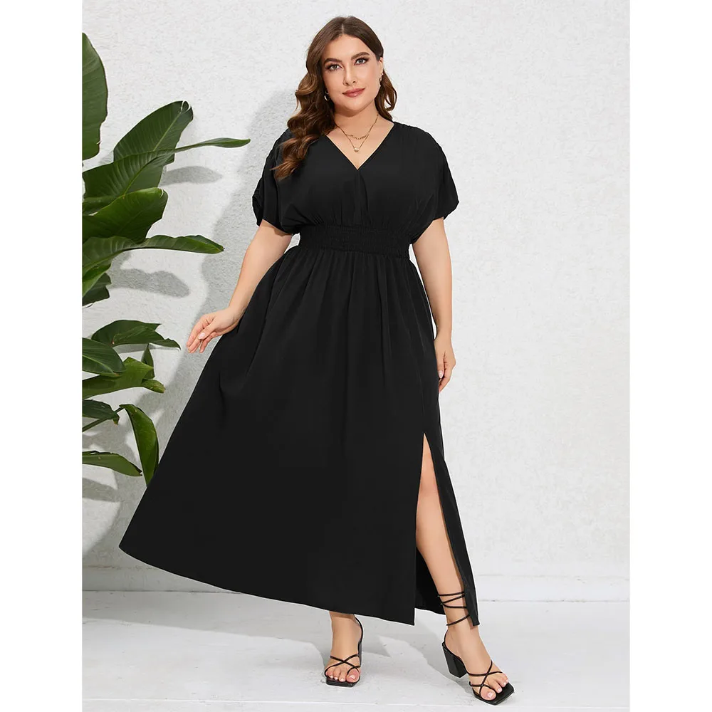 Plus Size V Neck Maxi Dress Short Sleeve Pleated High Waisted Split Casual Evening Party Summer Dress