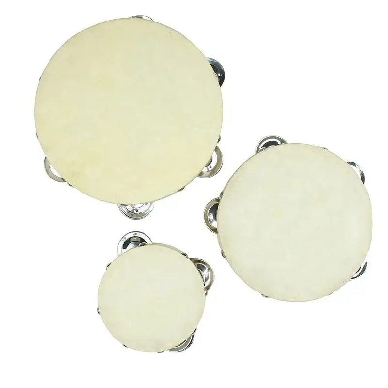 High quality wooden musical instrument toy Hand-held drum with sheepskin tambourines