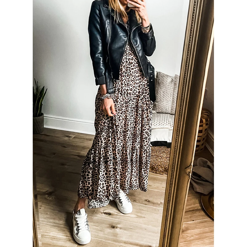 Dear-Lover Wholesale Fashion High Quality Western Clothing Women V Neck Polyester Leopard Print Tiered Long Sleeve Maxi Dress