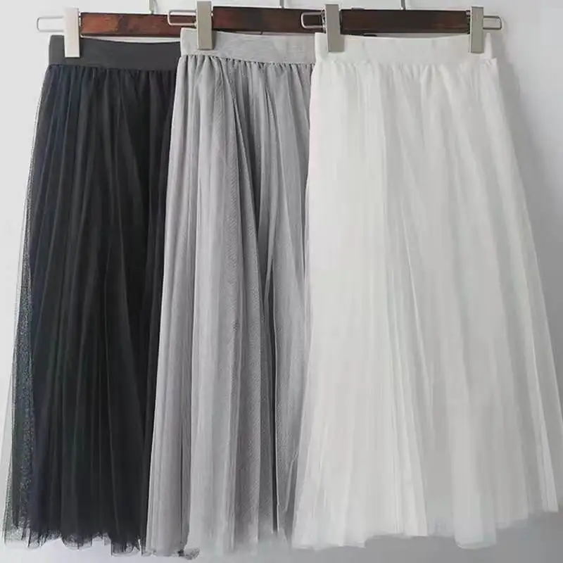 3 layers skirt Womens Summer Midi Tulle Skirts Female A-line High Waist Tutu Pleated For Women School Sun Skirt