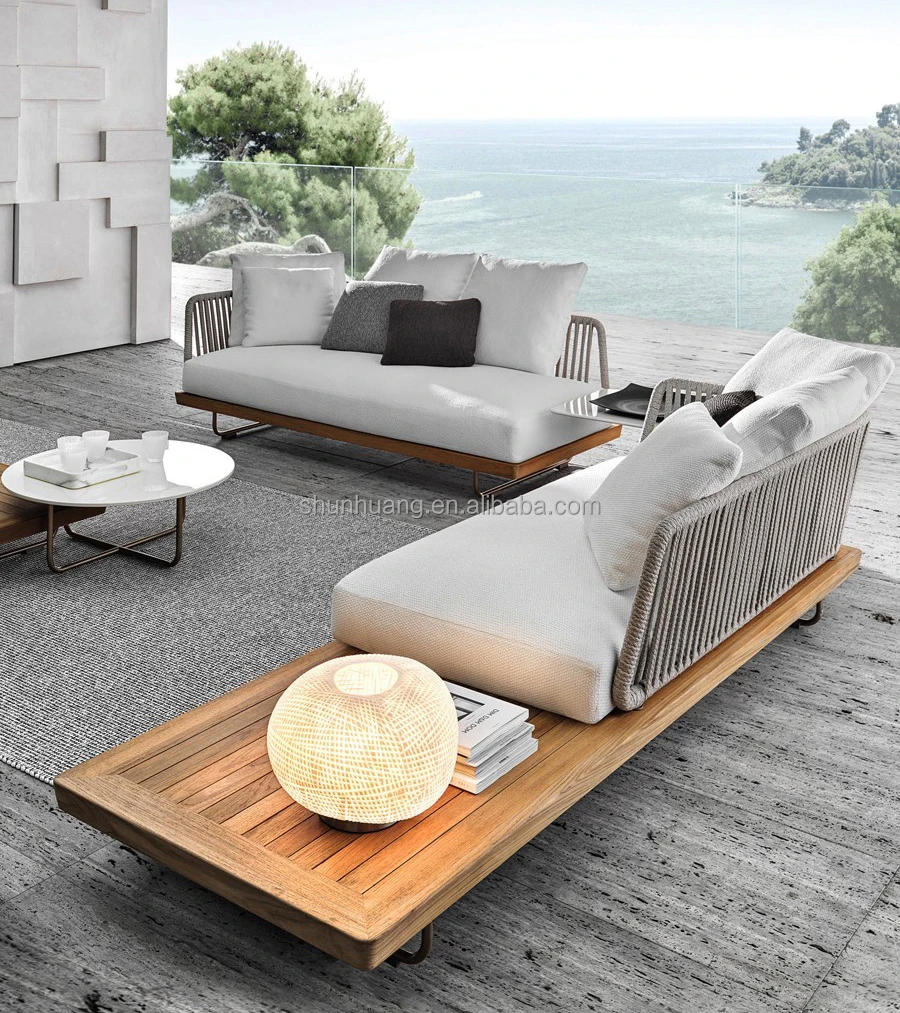High Quality villa sofa sets outdoor teak wood patio garden furniture luxury rope woven outdoor sofas set
