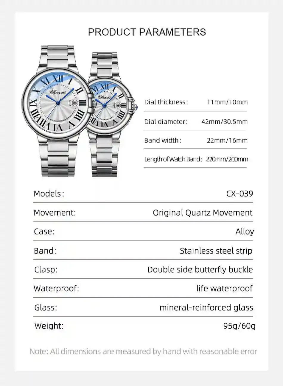 Hot Popular Elegant Unisex CX-039 Quartz Watch Stylish Stainless Steel Band Waterproof Date Display in Stock Lovers Watch