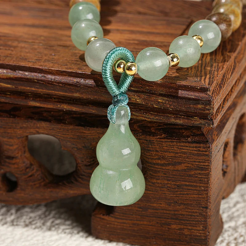 JD GEMS Wood Prayer Bead Mala Meditation Bangles Jewelry 6mm Green Sandalwood Natural Green Aventurine Gourd Multilayer Bracelet