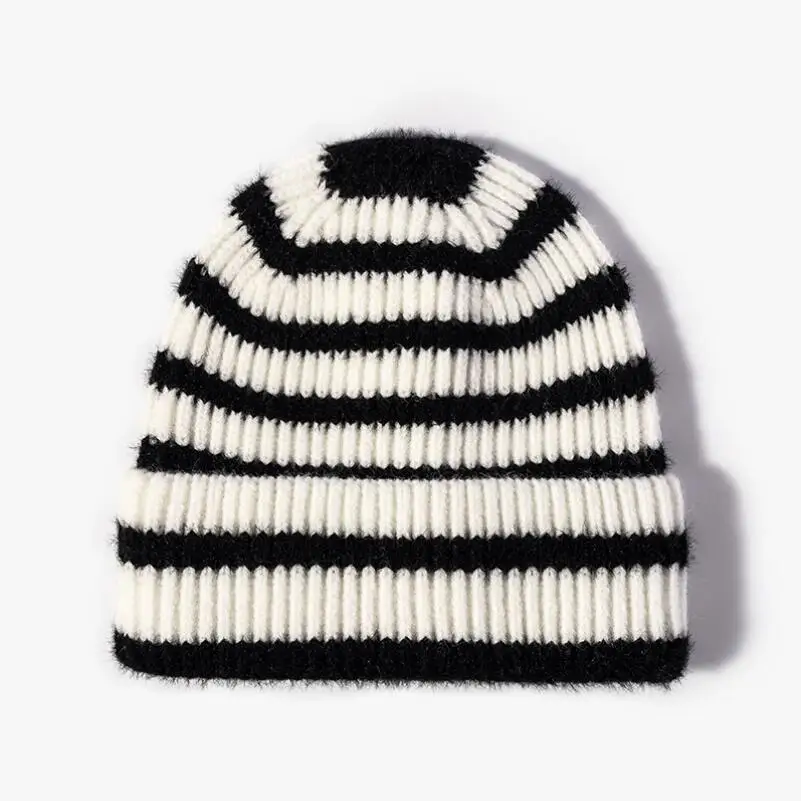 Ribbed Wool Beanie for Women Wholesale 2022 Thick Color Block Pattern Wool Winter Hat Black White Striped Toque