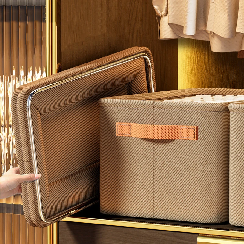 Hot Selling Non-woven clothes organizer closet storage steel frame home wardrobe organizer basket storage box with handles
