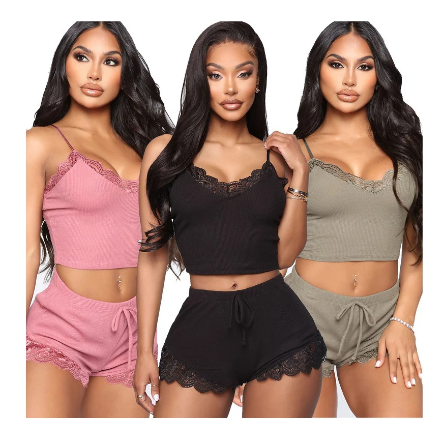 9072 Women Pajamas Sleepwear sexy Lingerie Sleepwear V-neck Lace Bow Spaghetti Strap Cami Top Shorts Set Pajamas Sets Nightwear
