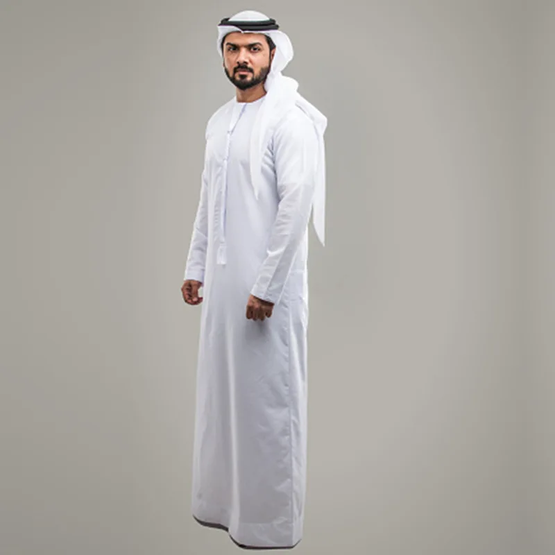 Custom Classic White Color Saudi Men Arab Button Up Long Gown Kaftan Traditional Ethnic Thobe with Pockets