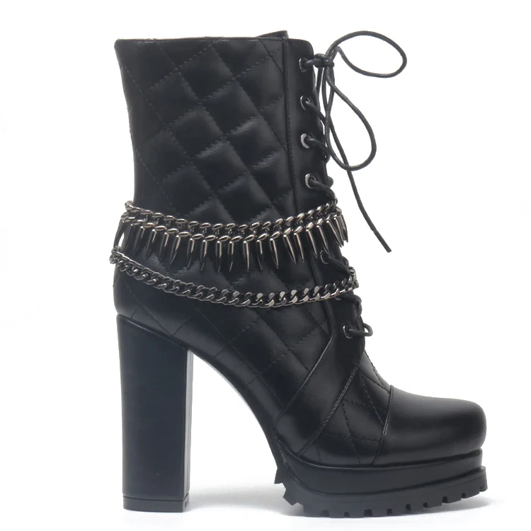 2020 Wholesale Price Chengdu Fashion Black Block Heel Chain  Design Ankle Boots for Women and Ladies