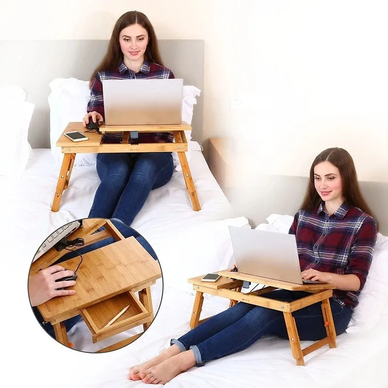 QUAWE Multifunctional Extendable Bamboo Laptop Table Folding Laptop Table For Bed Lap Computer Desk Bamboo Bed Tray