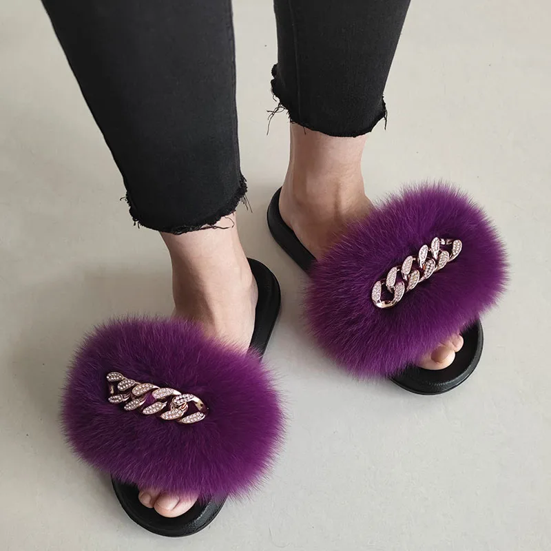 Summer Sexy Real Fox Fur Slippers Fluffy Fluffy Slide With Diamond Chain Indoor Home Flat Shoes Women Casual Flip-Flops