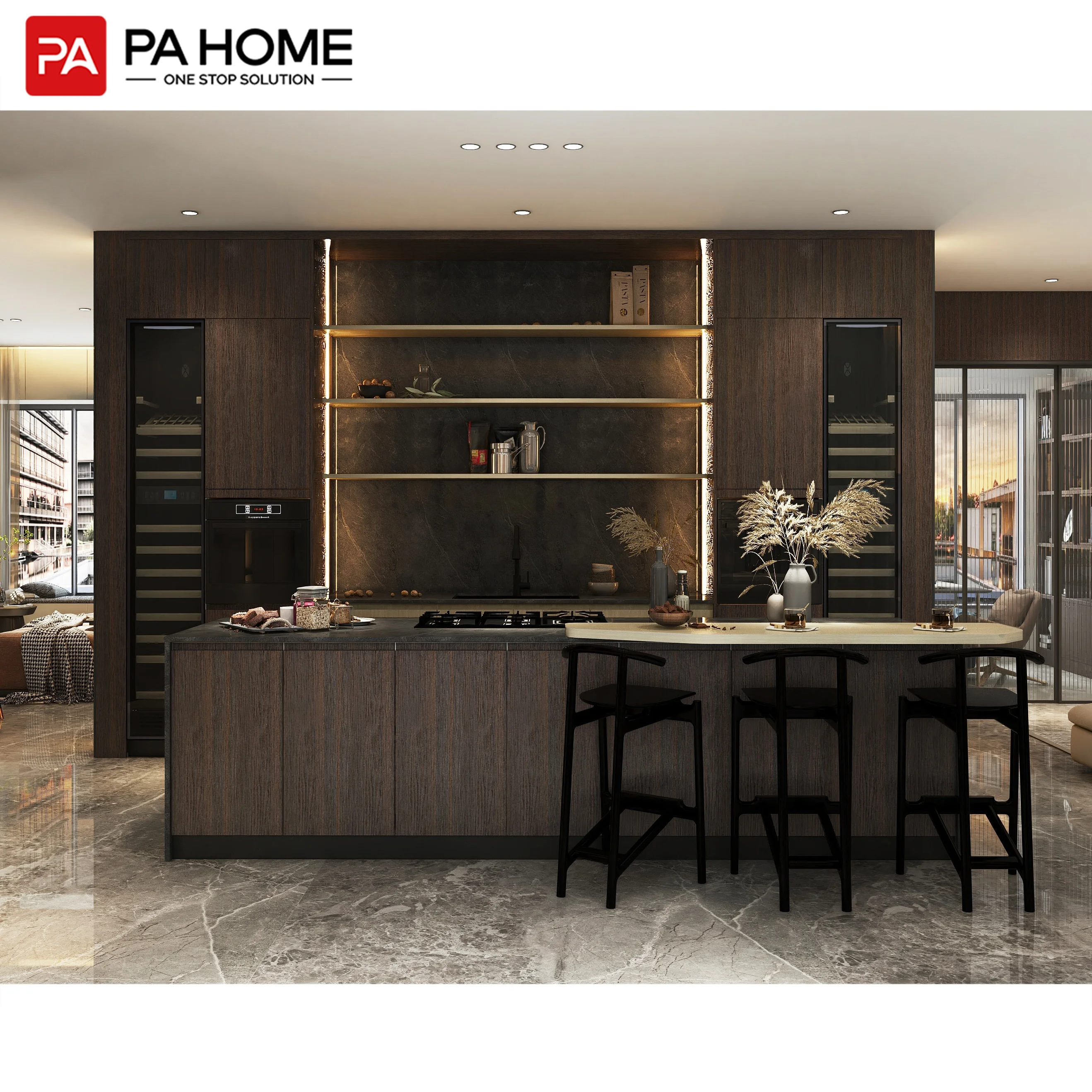 PA customizable modern melamine full kitchen cabinet set with island kitchen furniture