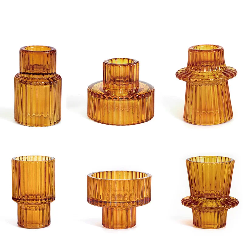 3 Sizes Ribbed Glass Candlestick Holders Amber Pink & Green Pillar Holder for Home Decor