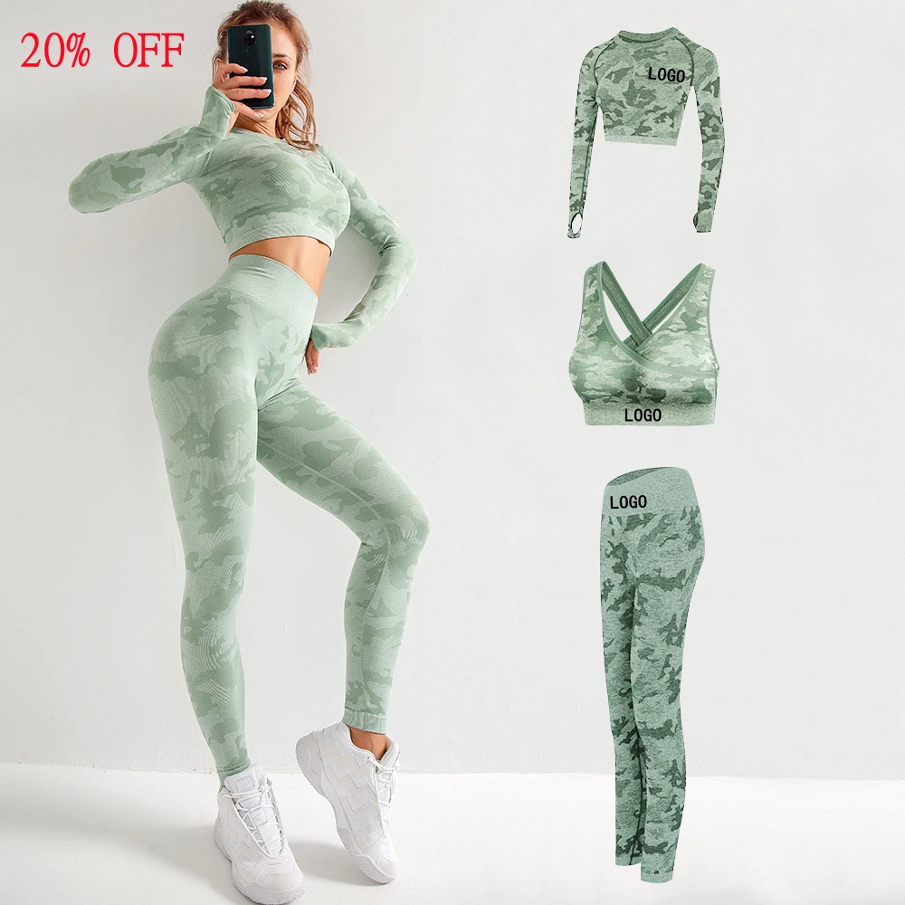 Бесшовный Женский комплект для йоги, тренировочная спортивная одежда, тренажерный зал, фитнес, короткий топ с длинным рукавом, леггинсы с высокой талией, спортивные костюмы, 3 шт.