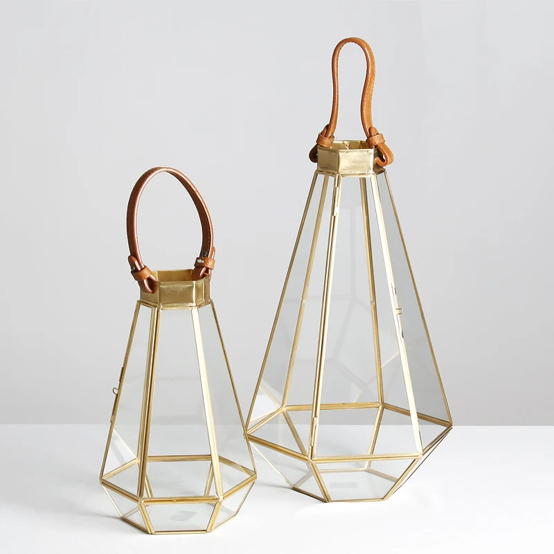 European Vintage Safe Gold Candlestick Holders Tea Light Geometric Table Lantern Clear Glass Hurricane Lantern Candle Holders