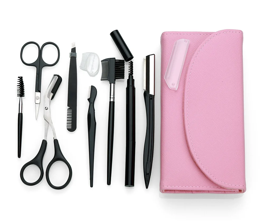 8 pieces Eyebrow Clip Knife Razor Set Black Makeup Tool Eyebrow trimmer Eyelash Scissors Brush Pencil Eyebrow Tweezers Kit
