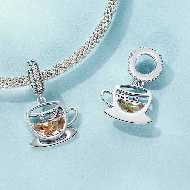Hollow fun coffee cup pendant accessories personalized creative s925 sterling silver charm bracelet Ingot beads wholesale pendants & charms