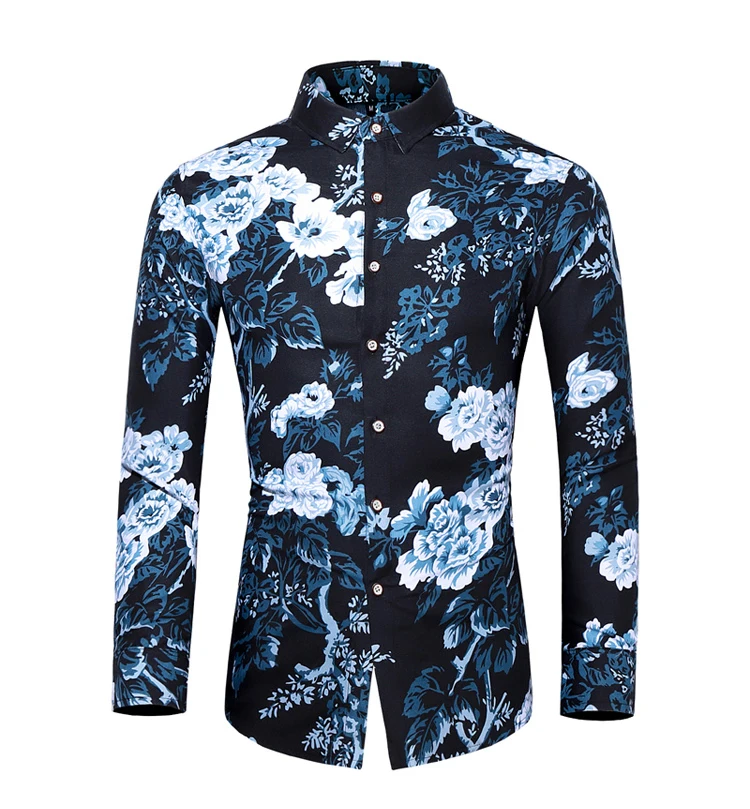 2021New Arrival Autumn Men Dress Shirts Fashion Chinese Style Floral Long Sleeve Shirt