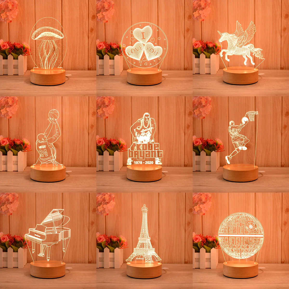 3D Night Lights for Kids illusion Wood Lamp Button Switch Table  Bedroom Deco as Gift