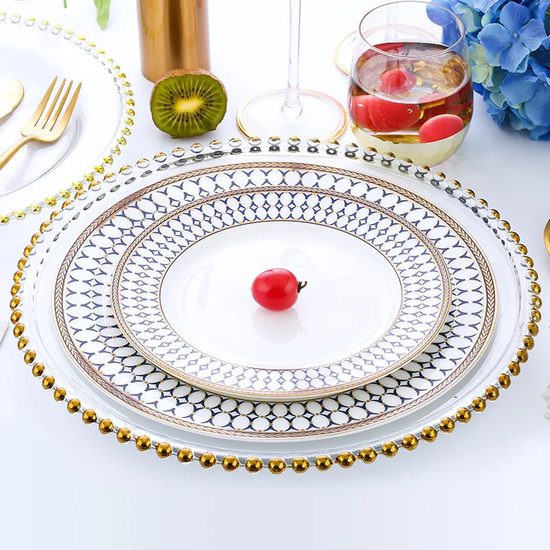 13 inches Wholesale Wedding Charger Plates Tableware Glass Dishes Gold or Silver Rimmed Glass Charger Plate Dinner Plate