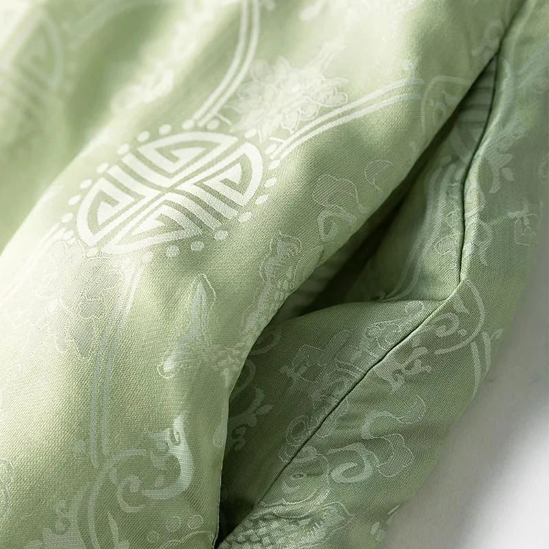 Birdtree Natural Silk Damask Dresses Women Round Collar Loose Jacquard Short Sleeve Midi Cheongsam Robe Dress Summer D36332JM