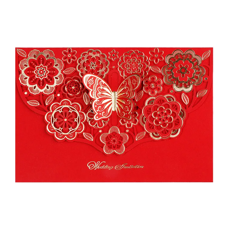 European Creative Hollow Paper Gold Foil Butterfly Wedding Invitation Envelope with Card